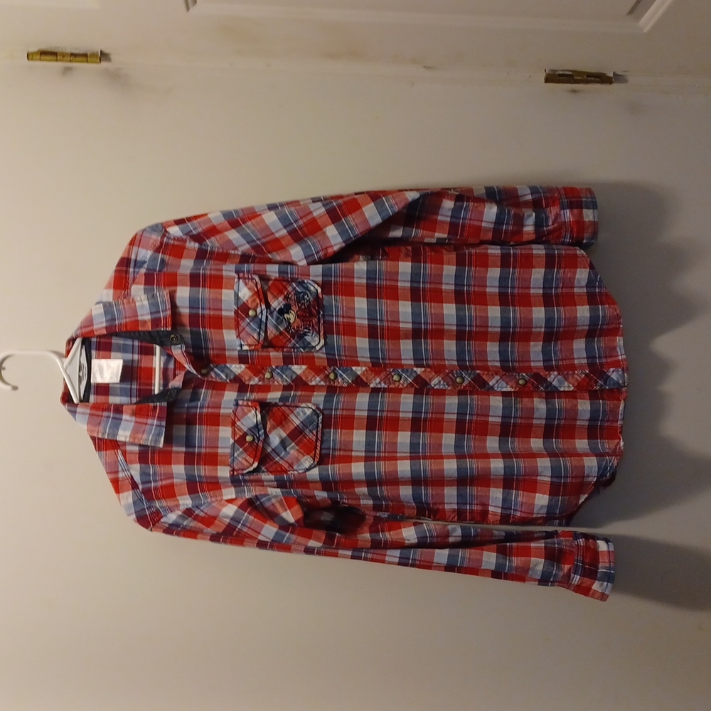 Disney Parks Mens S Graphic Shirt Red Plaid Pearl Snaps Mackey Mouse Emb
